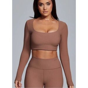 MESHKI | NWT Sian Long Sleeve Ribbed Crop Top in Mocha, Size Small